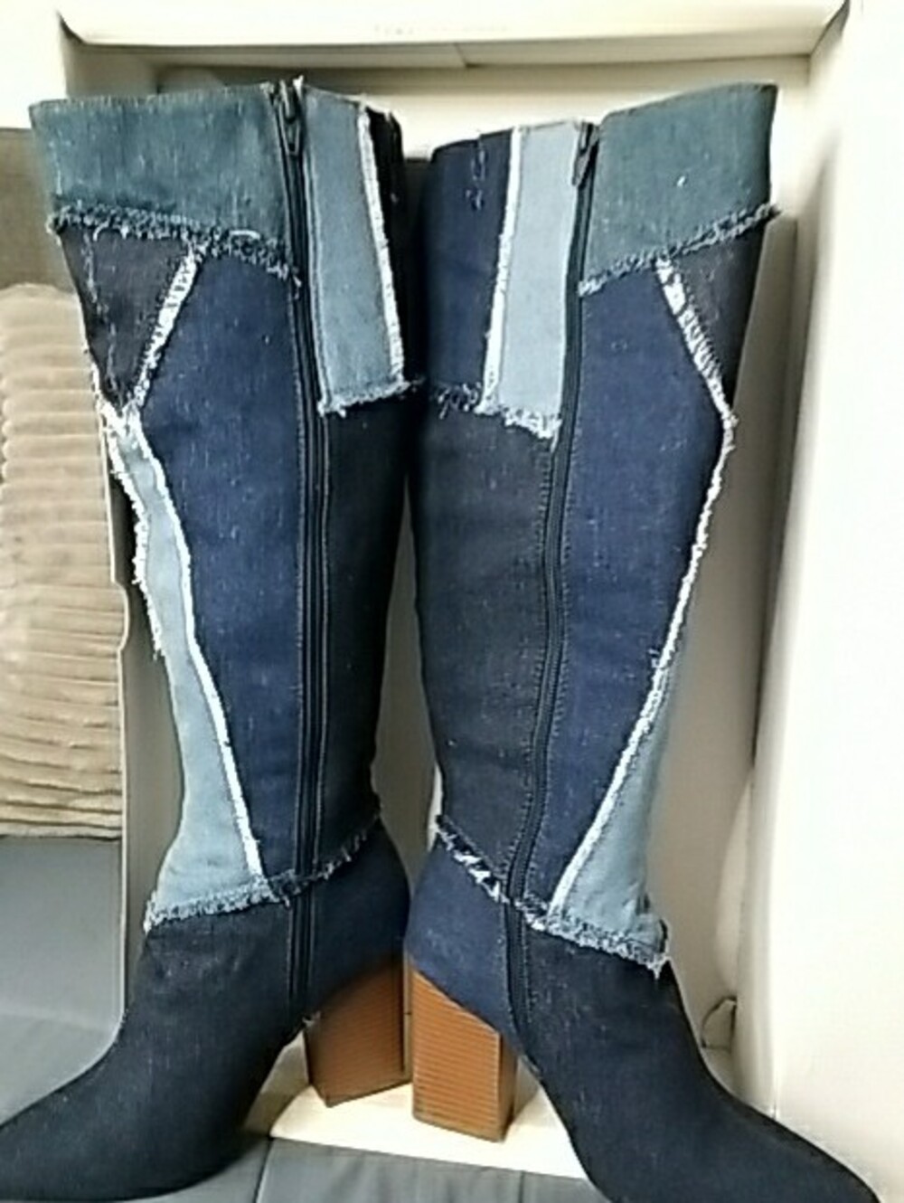 Patchwork Denim Knee-High Boots - Blue - Picture 9 of 16